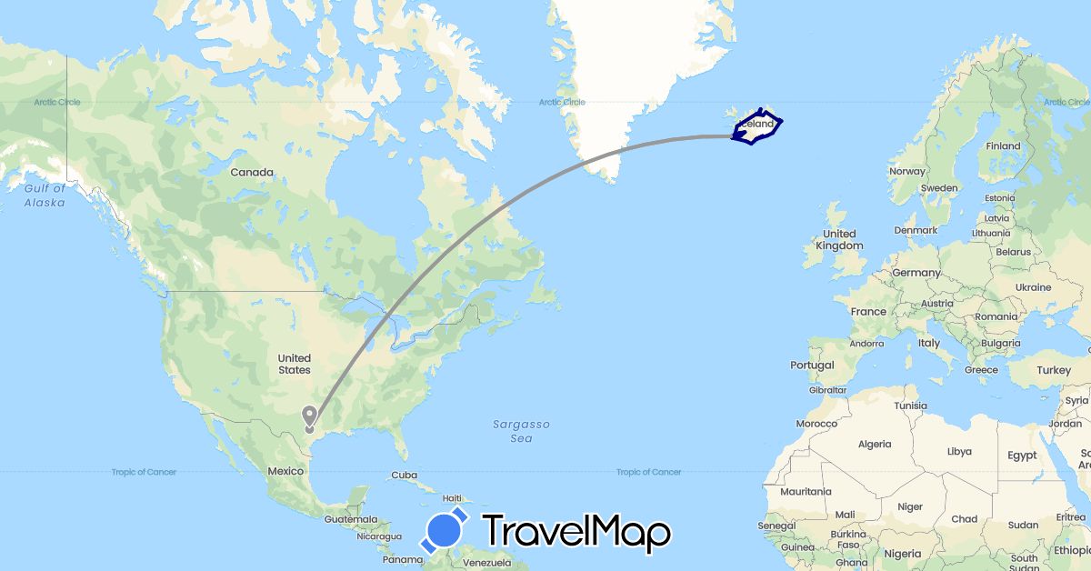 TravelMap itinerary: driving, plane in Iceland, United States (Europe, North America)