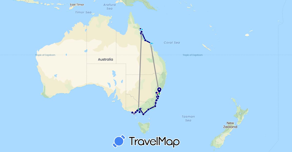 TravelMap itinerary: driving, bus, plane, cycling, hiking, boat in Australia (Oceania)