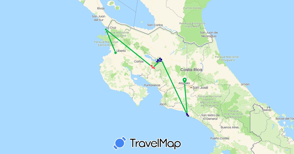 TravelMap itinerary: driving, bus, hiking in Costa Rica (North America)