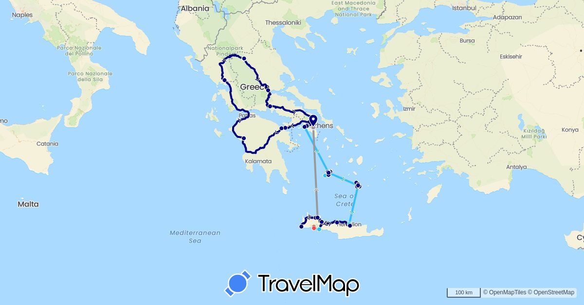 TravelMap itinerary: driving, plane, hiking, boat in Greece (Europe)